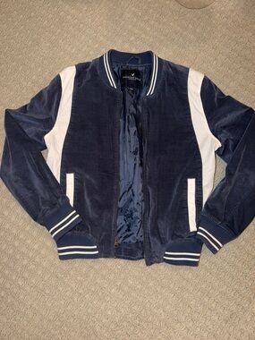 American Eagle Outfitters Navy and White Varsity Jacket